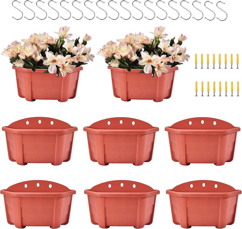 ORIMERC 9.8 inch 8 Pack Brick Red Wall Hanging Planters for Indoor Outdoor Plants Hanging Plant Holder with Drainage Hole Fence Balcony Planters Railing Hanging Pot Plant Wall Mount Decor with Hooks - Image 1